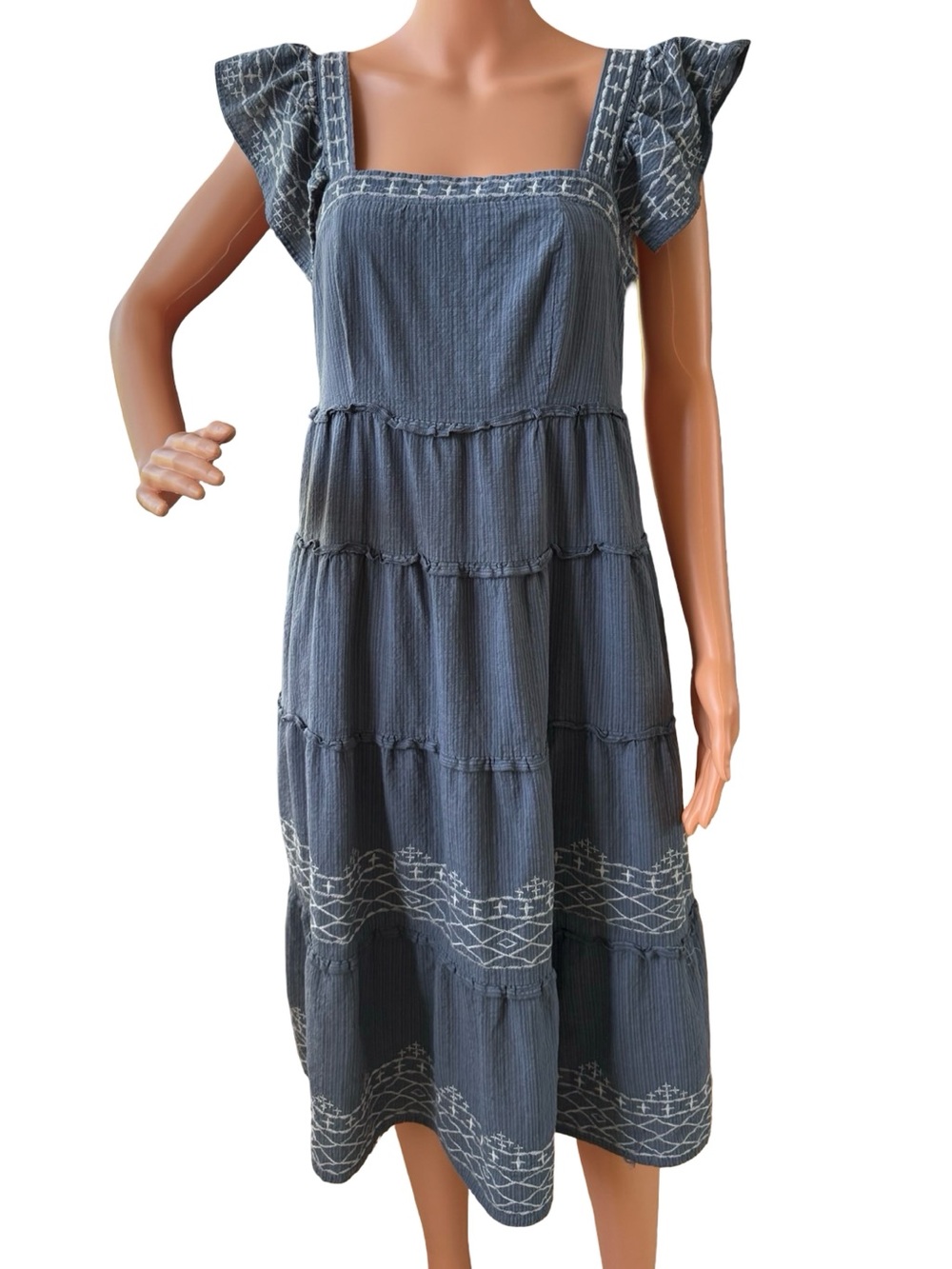 Square Neck Tiered Midi Dress in Slate Blue